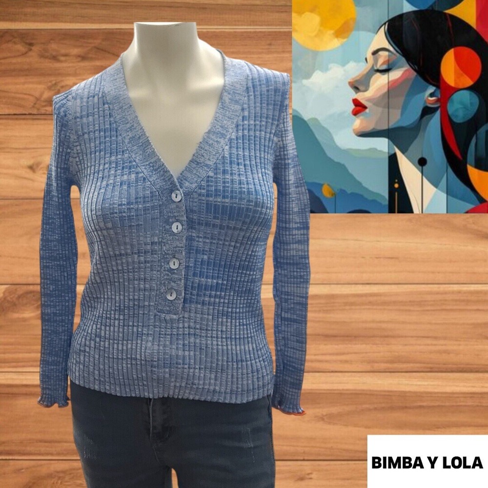 Bimba y Lola Blue Ribbed Knit Button Down Long Sleeve Top‎